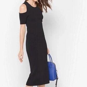 Michael Kors Black Cold Shoulder Knit Midi Dress Size Medium Bodycon Stretch